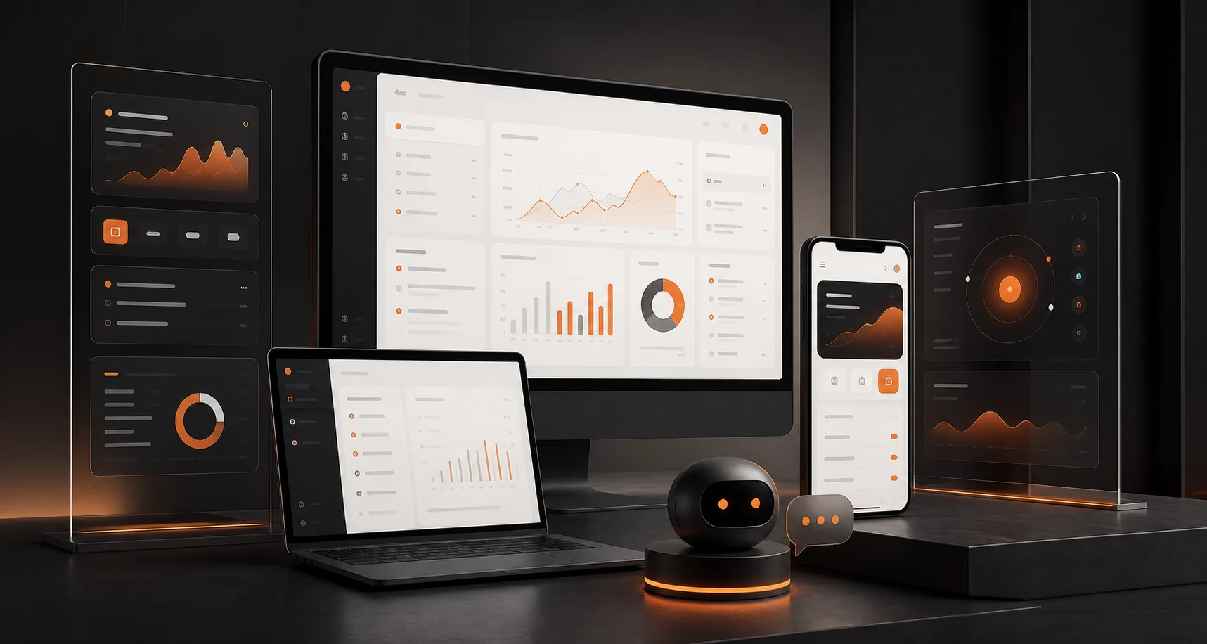 Editorial render of web, mobile, AI, and analytics products